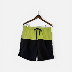 Men's Two-Tone Lime and Black Swim Trunks with Drawstring Waist